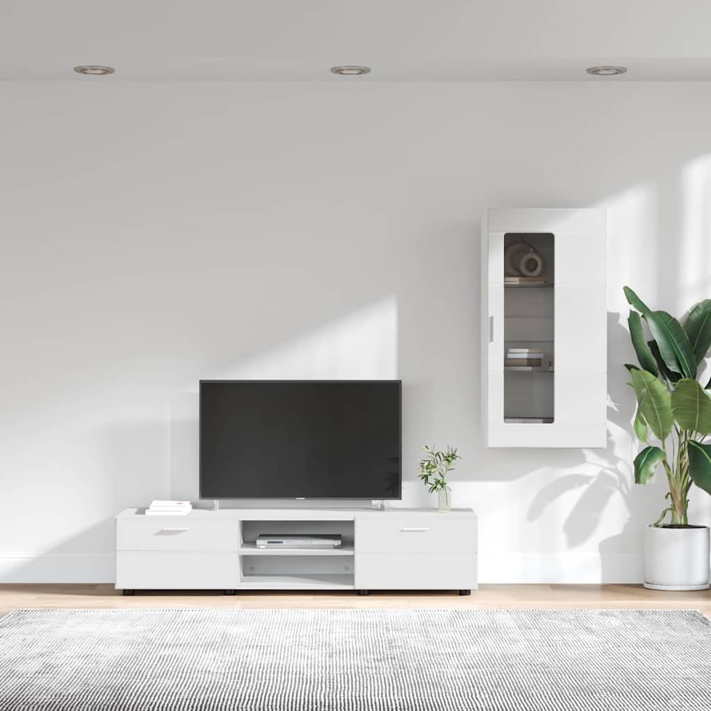 Tv-meubelset met lade met plank Wandgemonteerd Wit Bewerkt hout