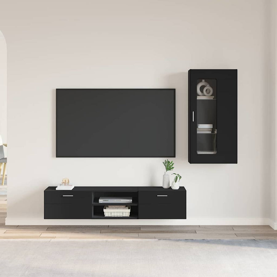 Tv-meubelset met lade met plank met opslag Zwart Bewerkt hout
