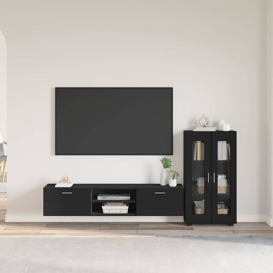 Tv-meubelset met lade met plank met opslag Zwart Bewerkt hout
