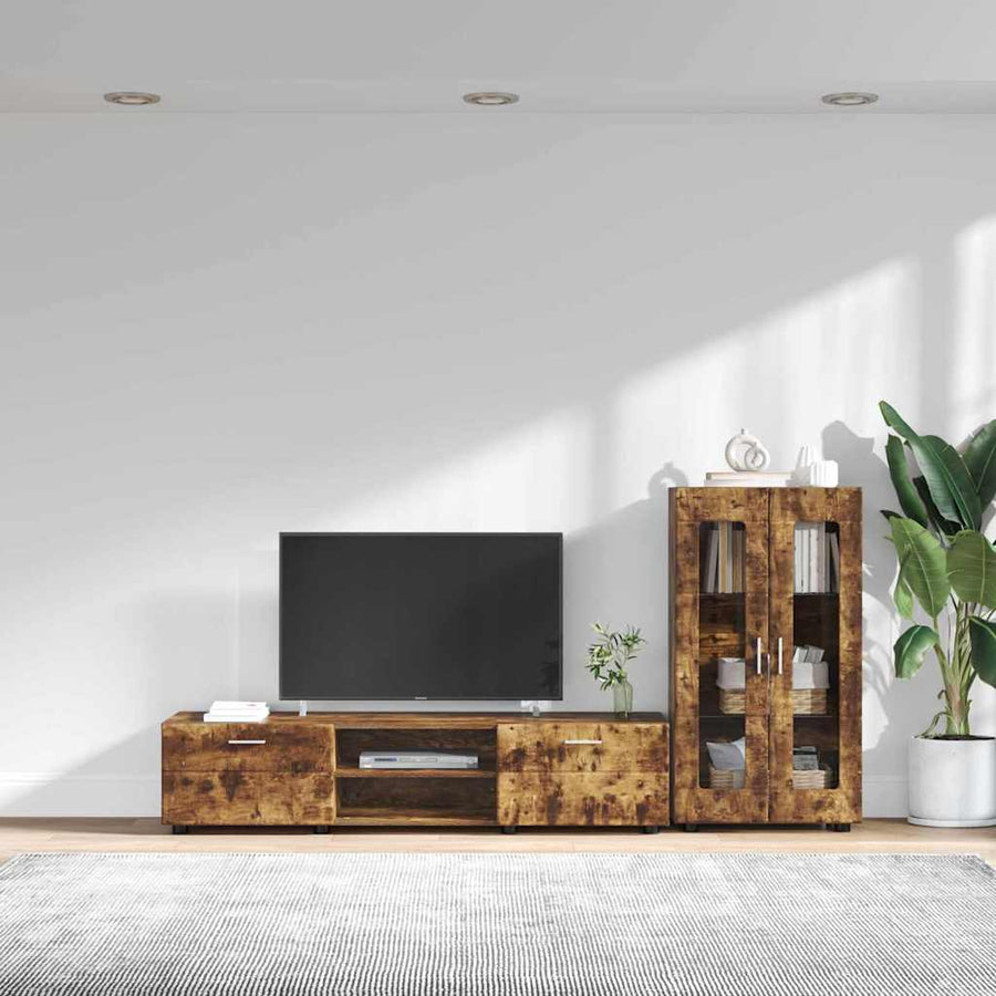 Tv-meubelset met lade met plank Gerookt eiken Bewerkt hout