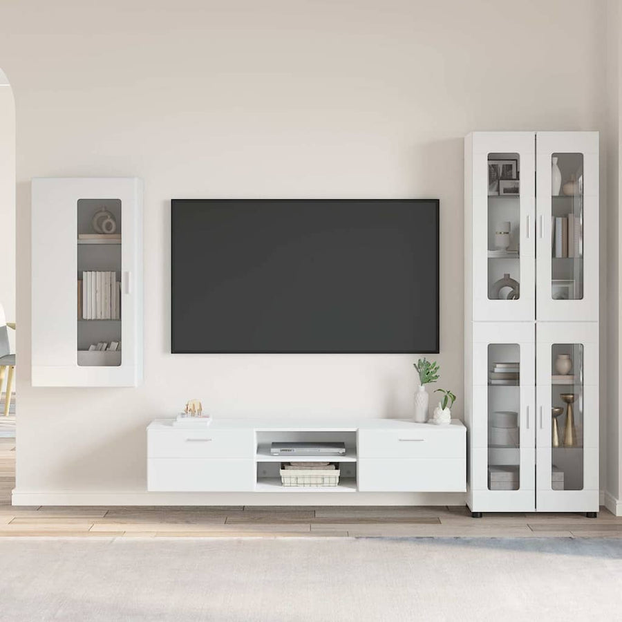 Tv-meubelset met lade met plank Wandgemonteerd Wit Bewerkt hout