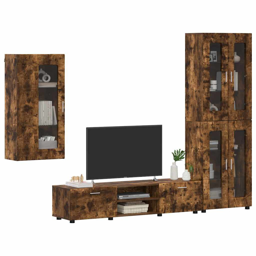 Tv-meubelset met lade met plank Gerookt eiken Bewerkt hout