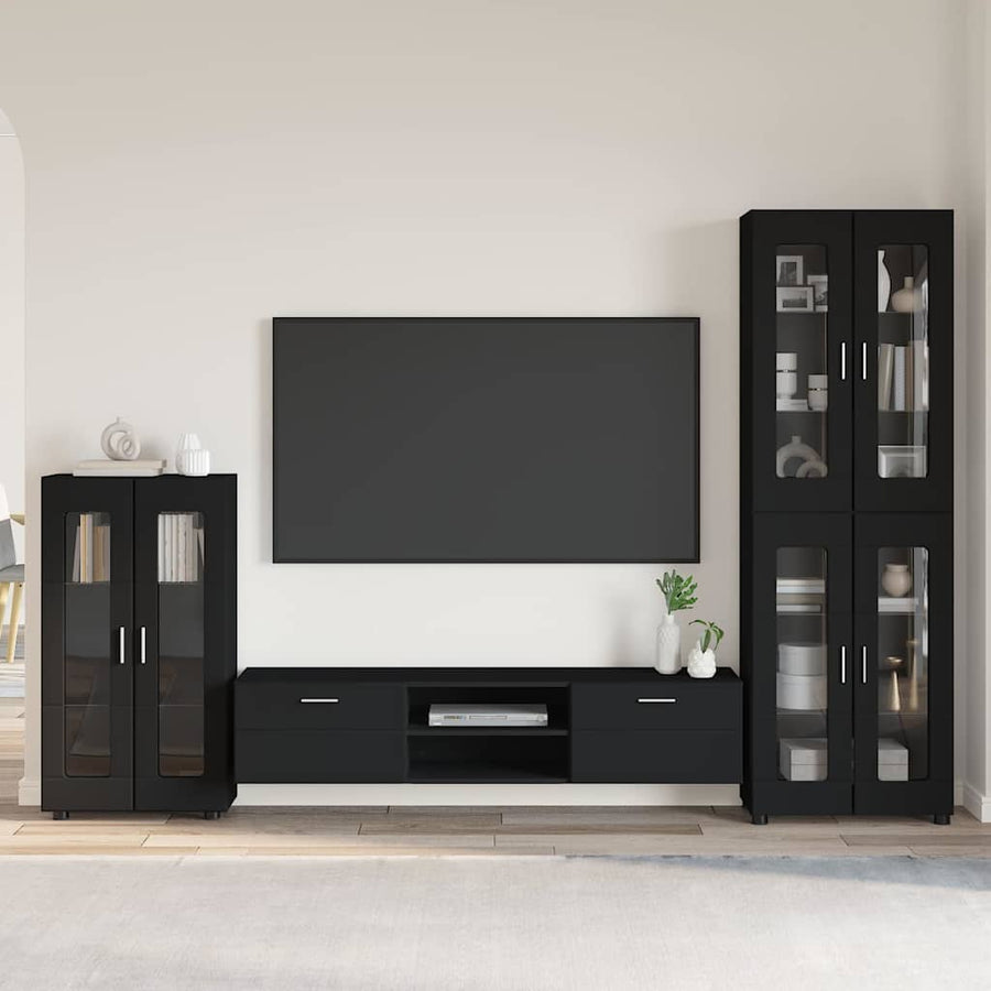 Tv-meubelset met lade met plank met opslag Zwart Bewerkt hout