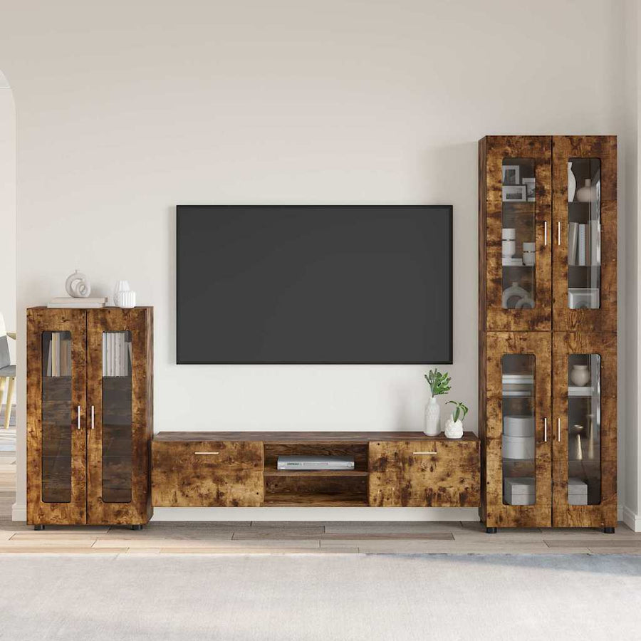 Tv-meubelset met lade met plank Gerookt eiken Bewerkt hout
