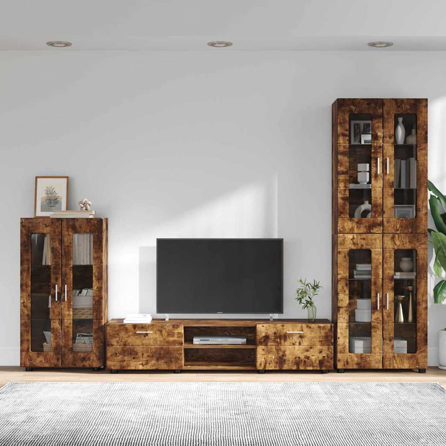 Tv-meubelset met lade met plank Gerookt eiken Bewerkt hout