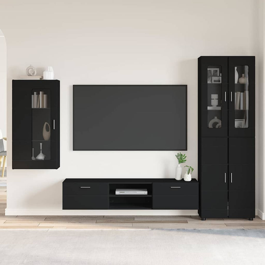Tv-meubelset met lade met plank met opslag Zwart Bewerkt hout