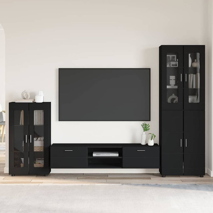 Tv-meubelset met lade met plank met opslag Zwart Bewerkt hout