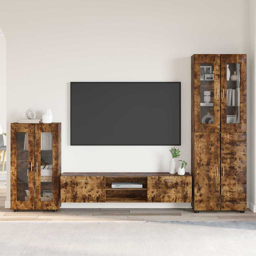 Tv-meubelset met lade met plank Gerookt eiken Bewerkt hout