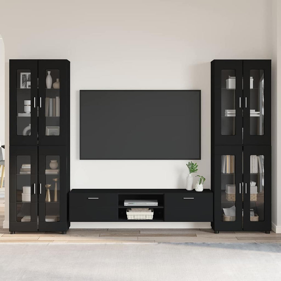 Tv-meubelset met lade met plank met opslag Zwart Bewerkt hout