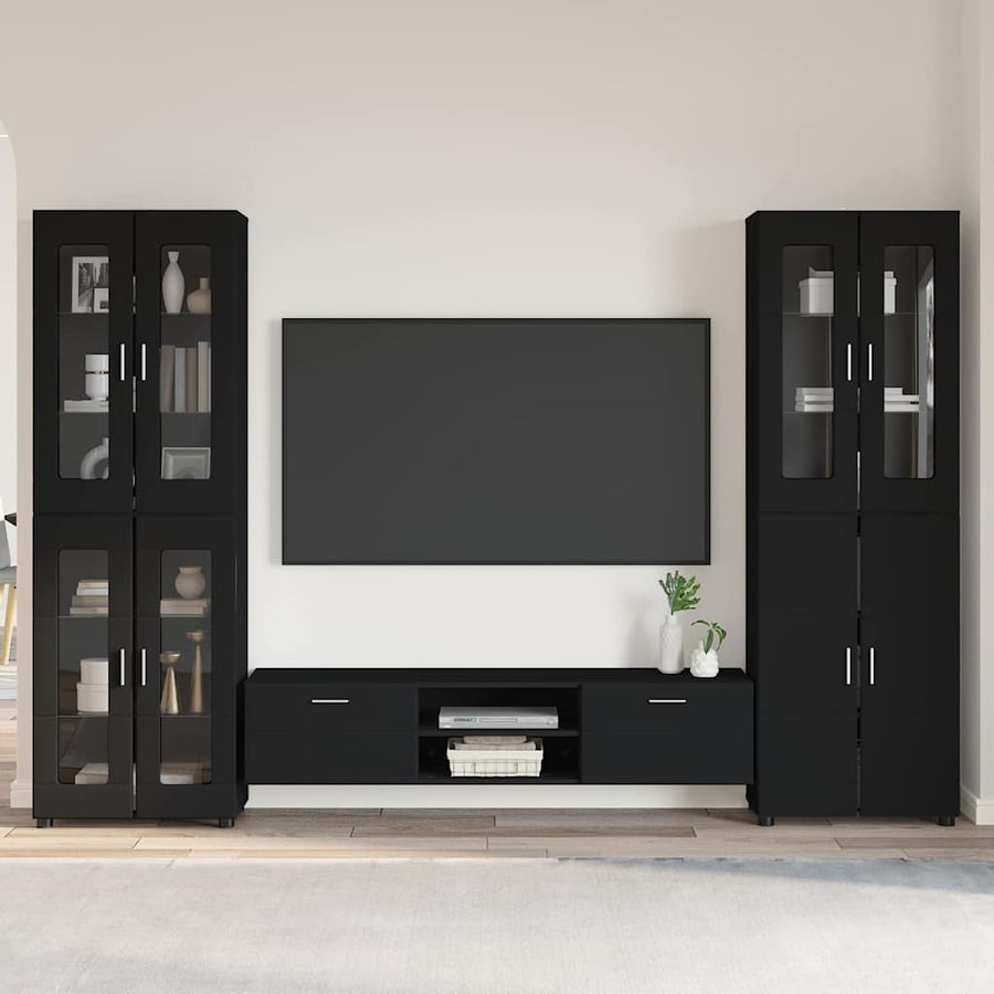Tv-meubelset met lade met plank met opslag Zwart Bewerkt hout