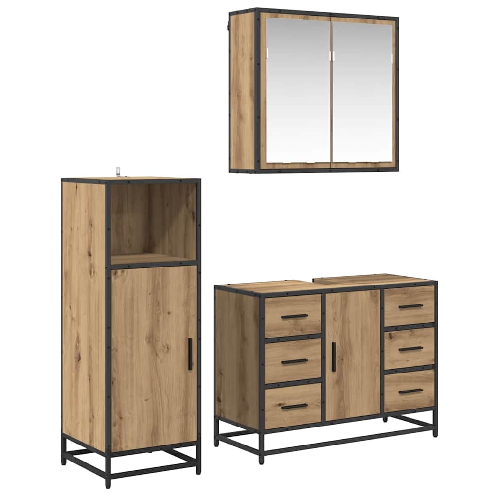 Badkamermeubelset 3 Pcs Artisanaal Eikenkleurig Bewerkt Hout