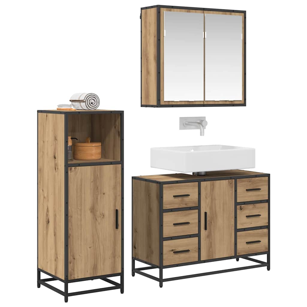 Badkamermeubelset 3 Pcs Artisanaal Eikenkleurig Bewerkt Hout