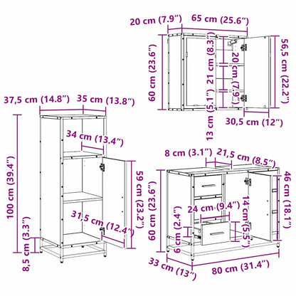 Badkamermeubelset 3 Pcs Artisanaal Eikenkleurig Bewerkt Hout