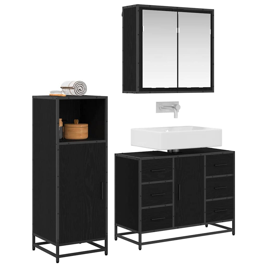 Badkamermeubelset met lade 3 pcs Zwart eiken 80 x 33 x 60 cm