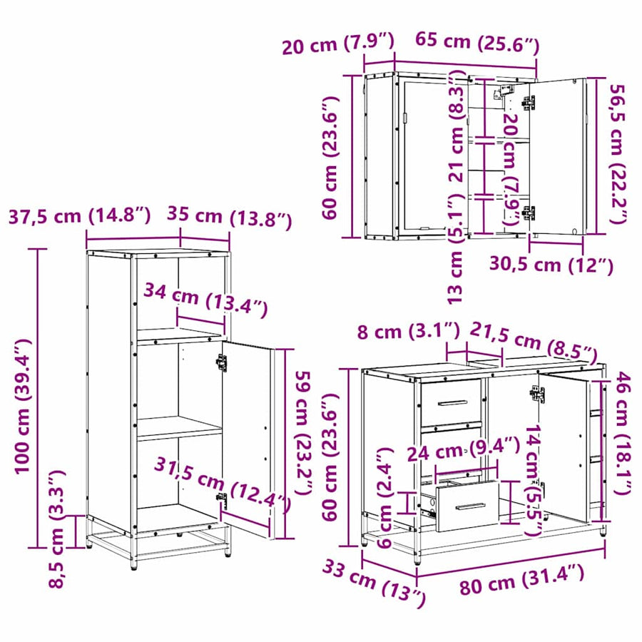 Badkamermeubelset met lade 3 pcs Zwart eiken 80 x 33 x 60 cm