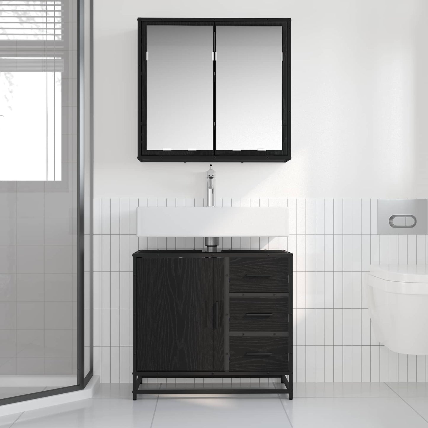 Badkamermeubelset met lade 2 pcs Zwart eiken Bewerkt hout