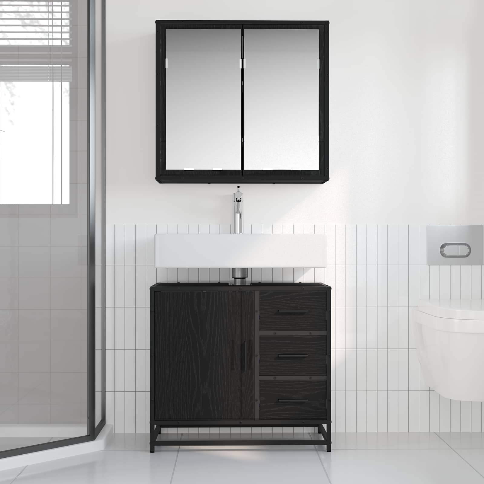 Badkamermeubelset met lade 2 pcs Zwart eiken Bewerkt hout