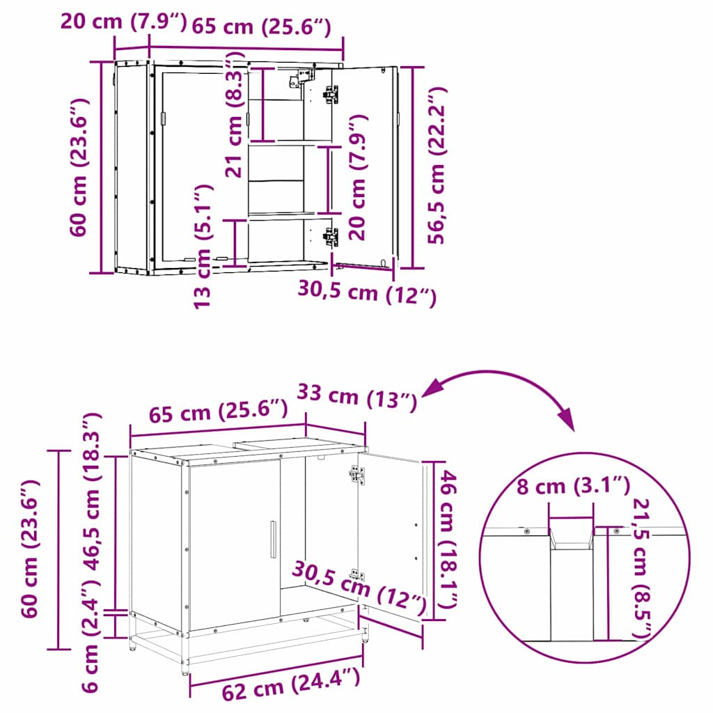 Badkamermeubelset 3 pcs Oud hout 65 x 33 x 60 cm Bewerkt hout
