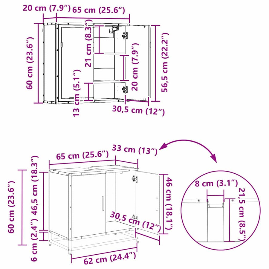 Badkamermeubelset 3 pcs Oud hout 65 x 33 x 60 cm Bewerkt hout