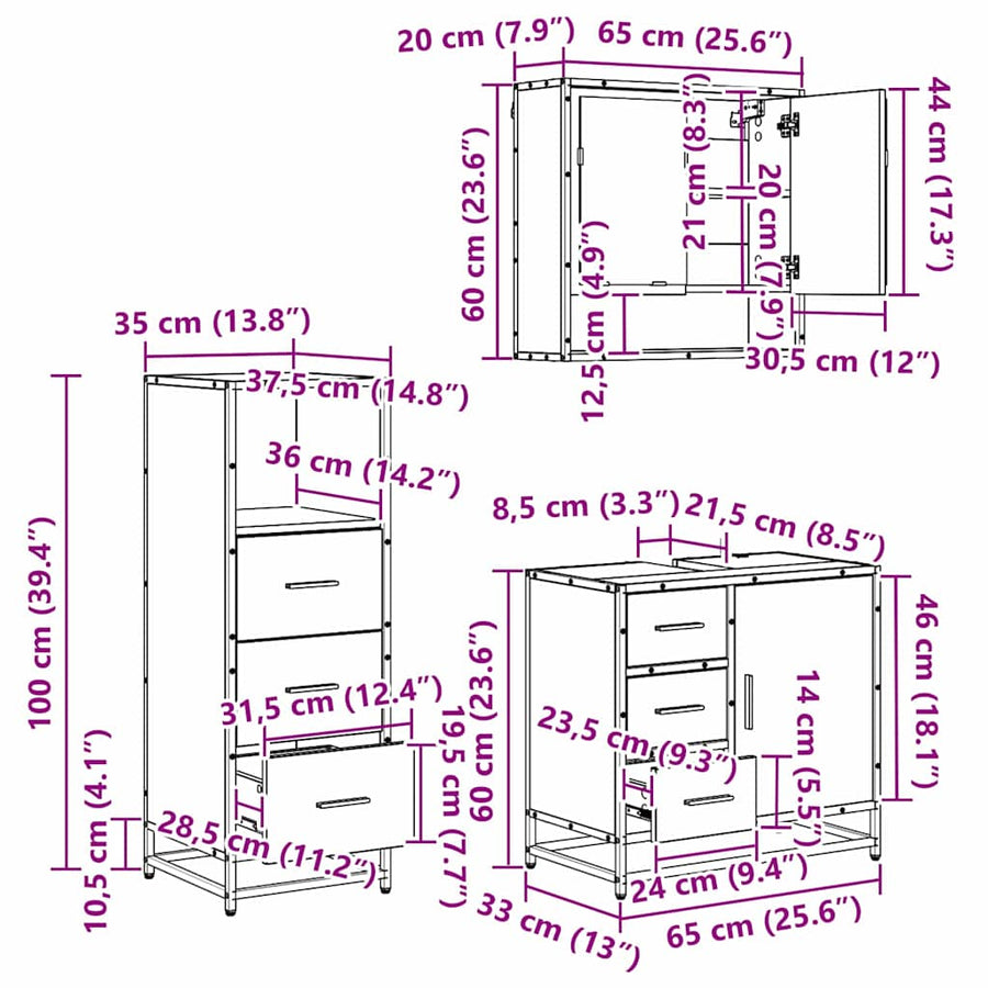 Badkamermeubelset 3 pcs Oud hout 65 x 33 x 60 cm Bewerkt hout
