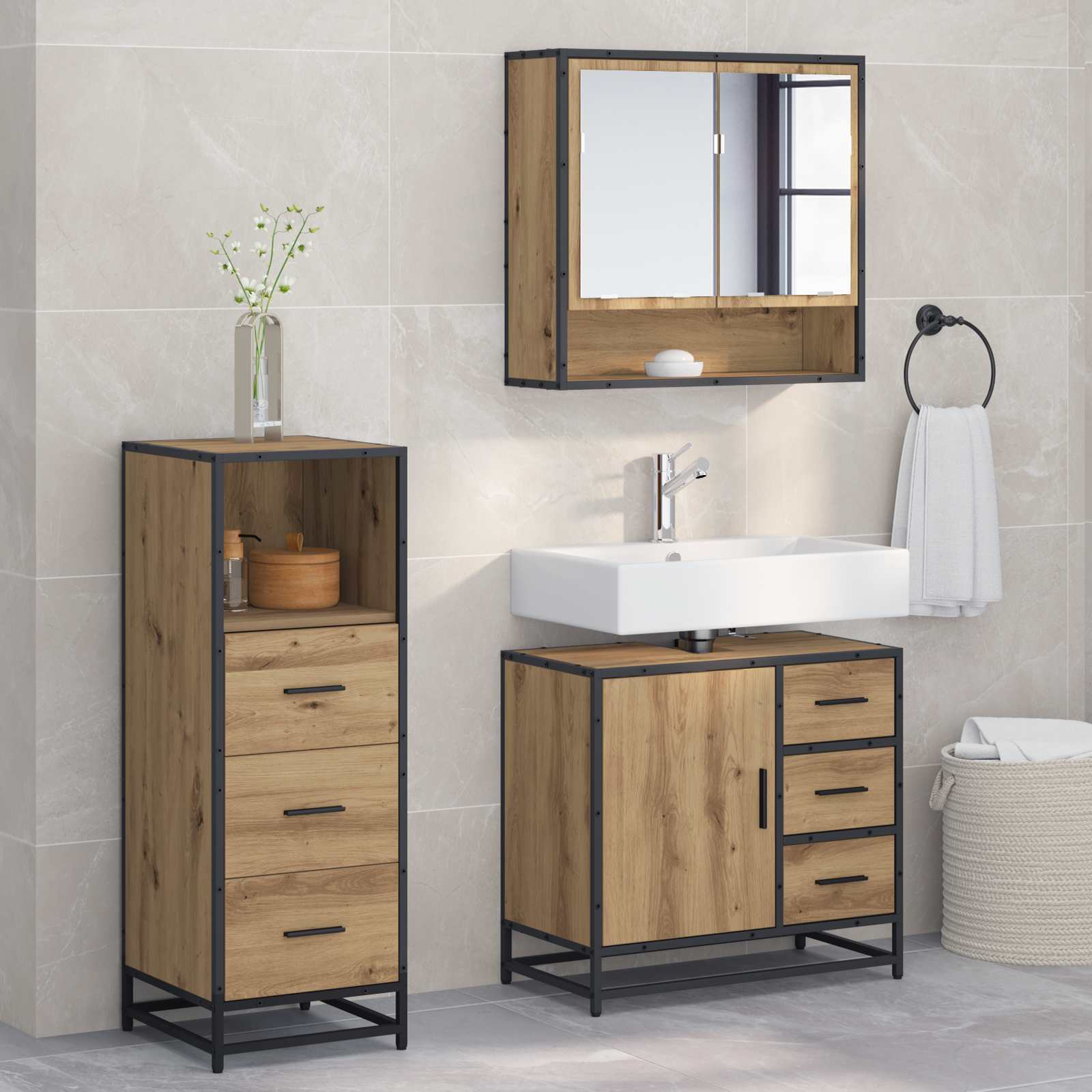 Badkamermeubelset met lade 3 pcs Artisan Eiken Bewerkt hout