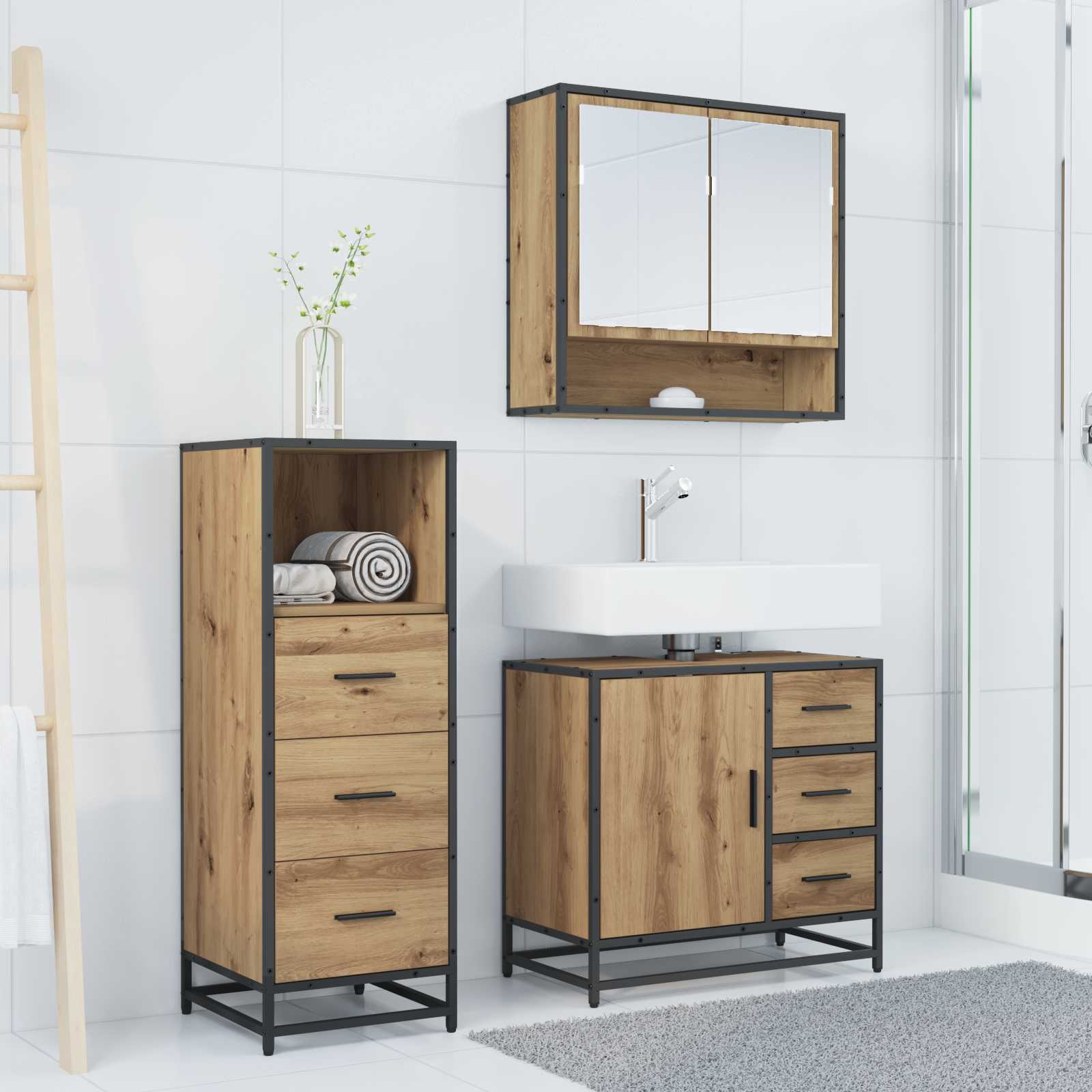 Badkamermeubelset met lade 3 pcs Artisan Eiken Bewerkt hout