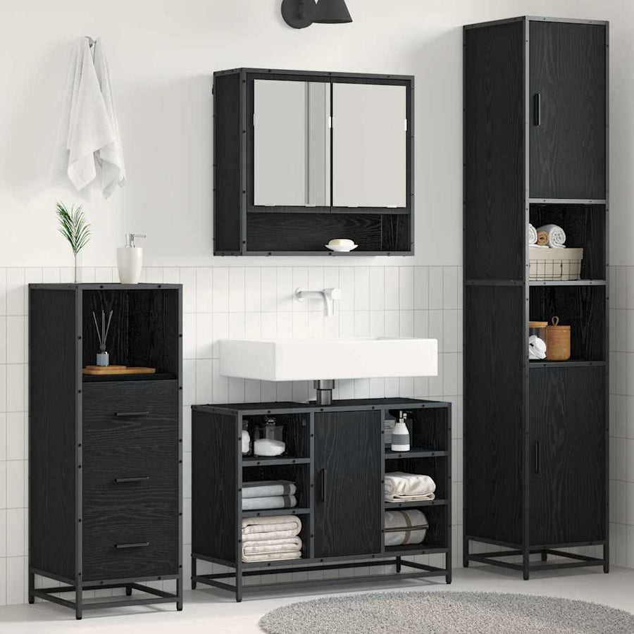 Badkamermeubelset met plank 3 pcs Zwart Eiken Bewerkt hout