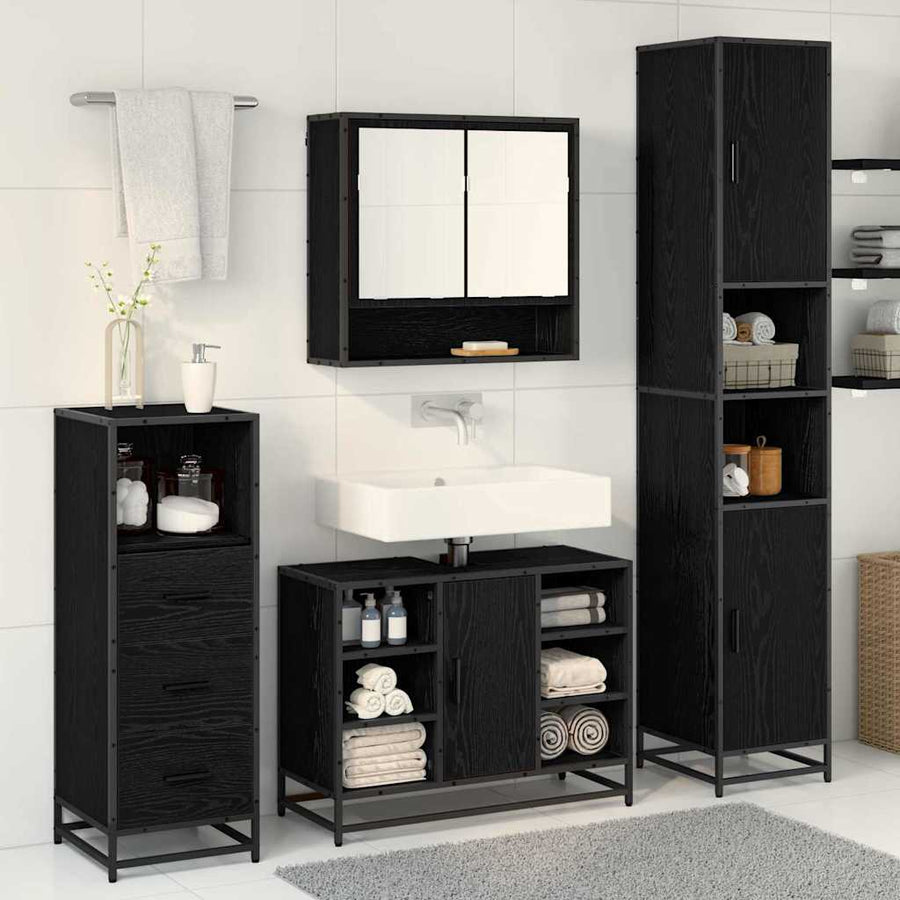 Badkamermeubelset met plank 3 pcs Zwart Eiken Bewerkt hout