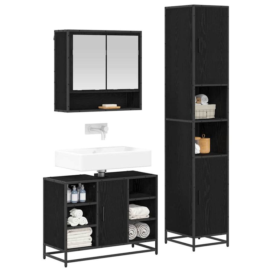 Badkamermeubelset met plank 3 pcs Zwart Eiken Bewerkt hout