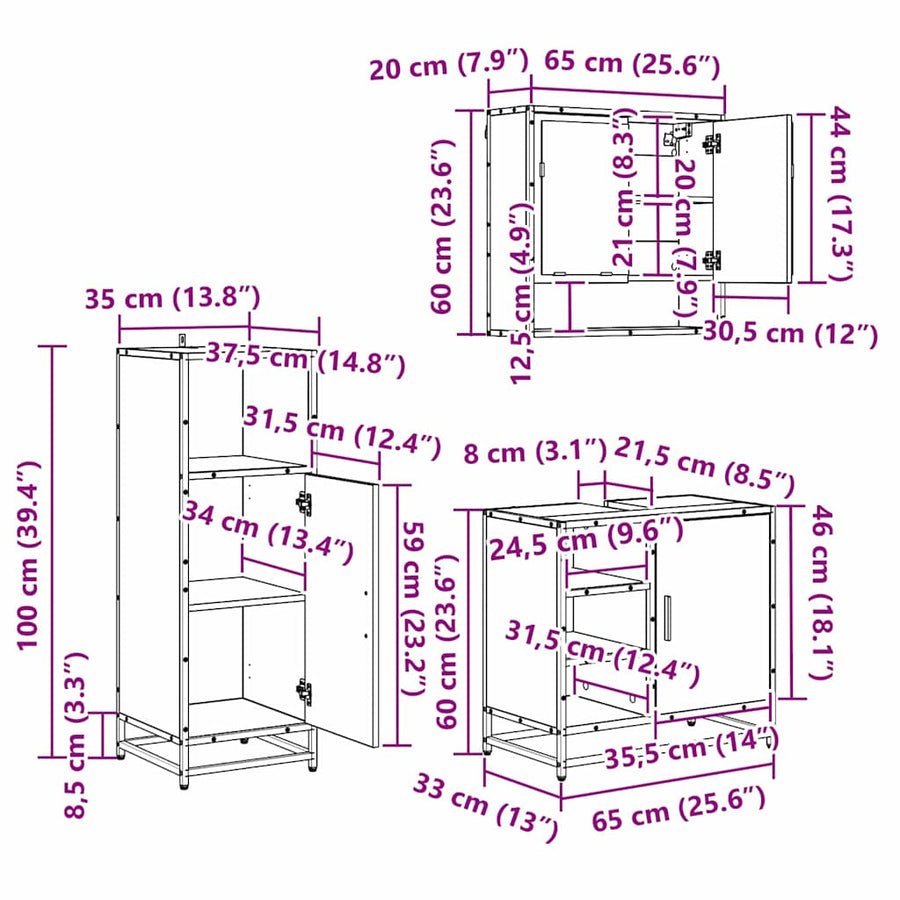 Badkamermeubelset met plank 3 pcs Zwart Eiken Bewerkt hout