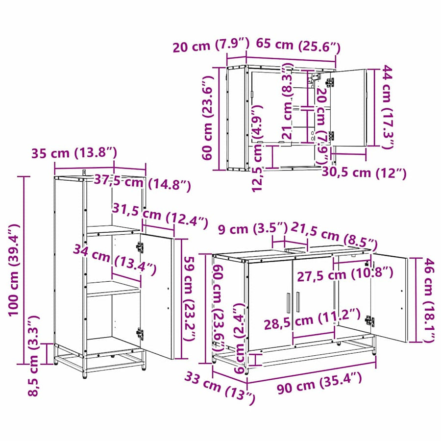 Badkamermeubelset met plank 3 pcs Zwart Eiken Bewerkt hout