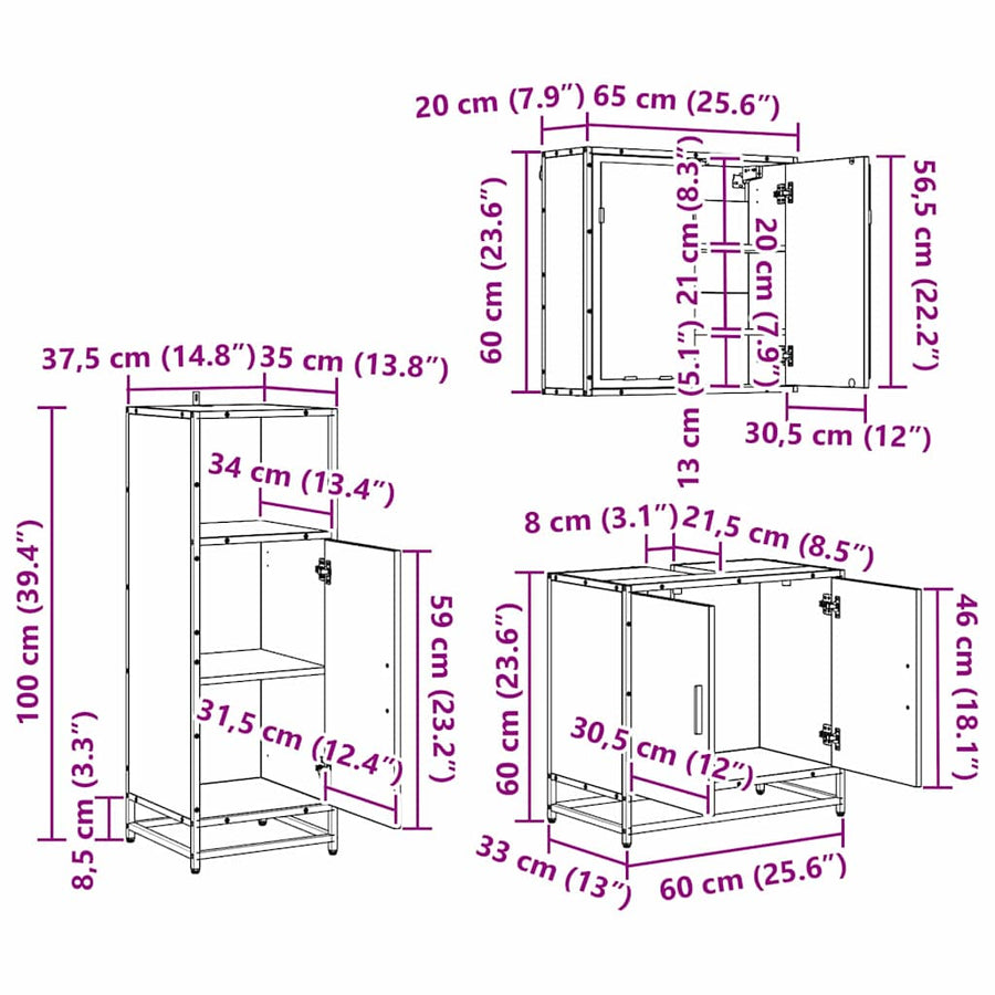 Badkamermeubelset met opslag 3 pcs Zwart eiken 60 x 33 x 60 cm