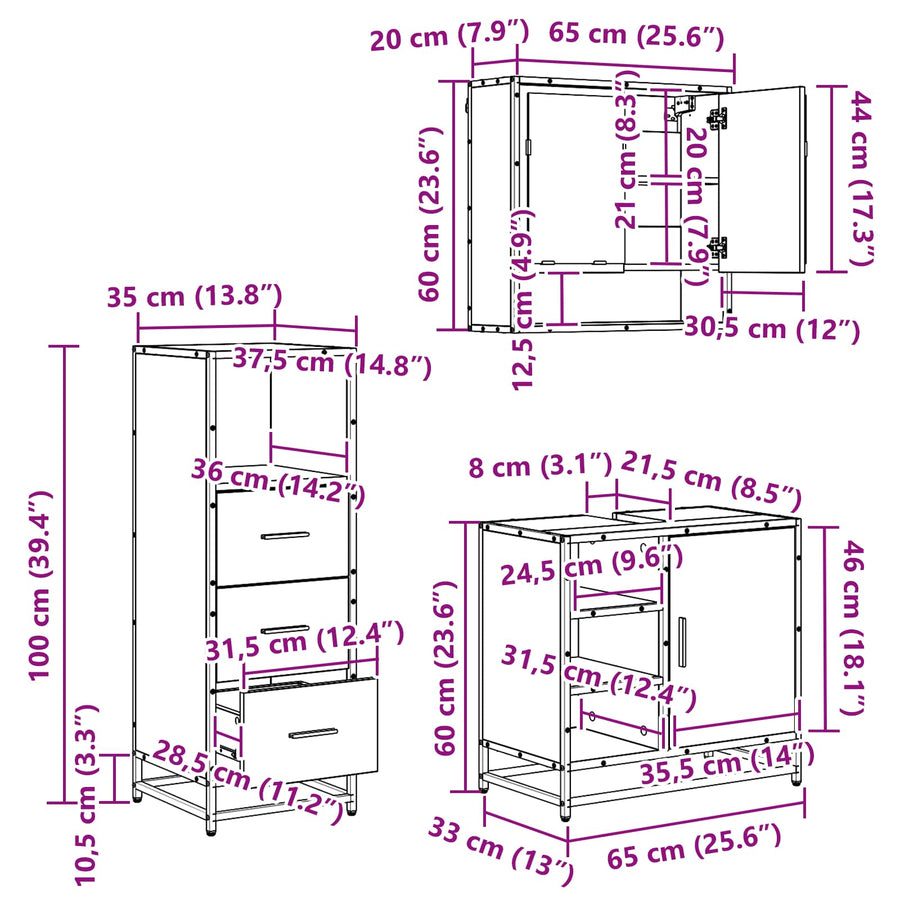 Badkamermeubelset met lade 3 pcs Oud Hout Bewerkt hout