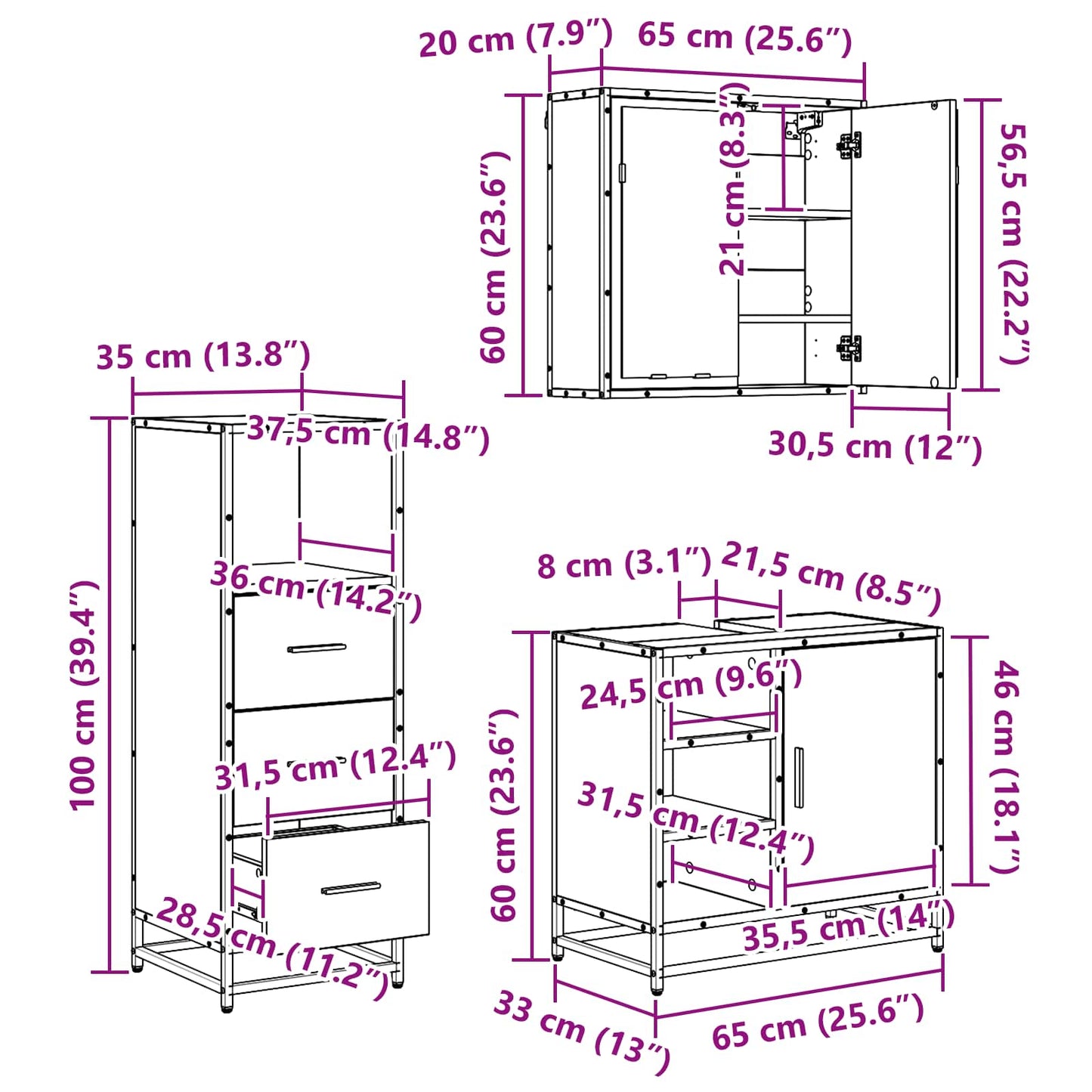 Badkamermeubelset met lade 3 pcs Oud Hout Bewerkt hout