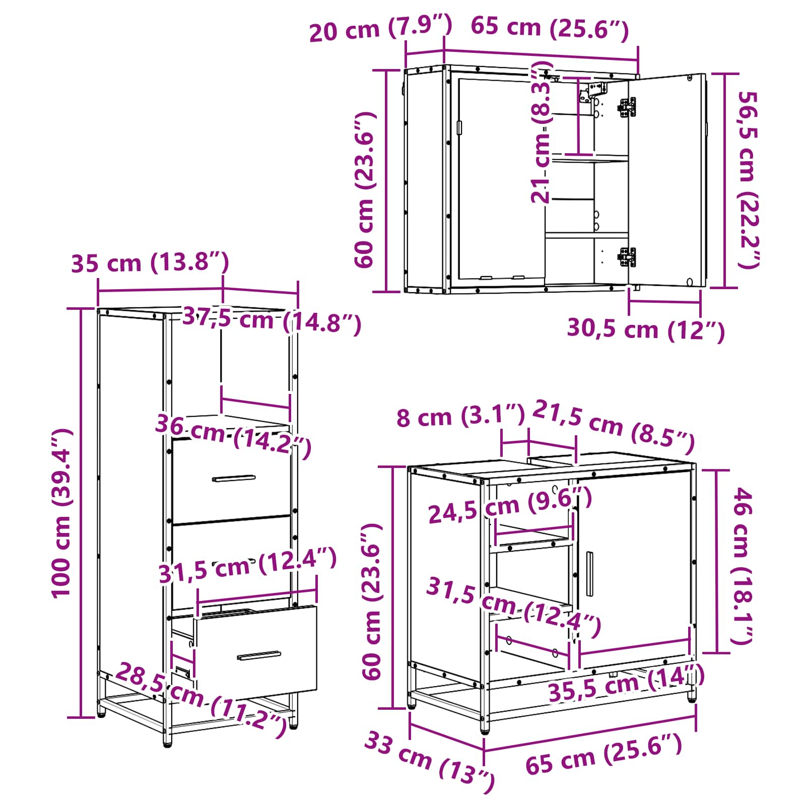 Badkamermeubelset met lade 3 pcs Oud Hout Bewerkt hout