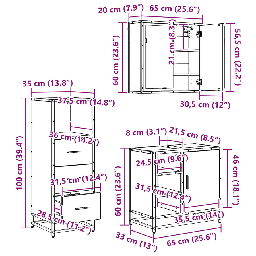 Badkamermeubelset met lade 3 pcs Oud Hout Bewerkt hout