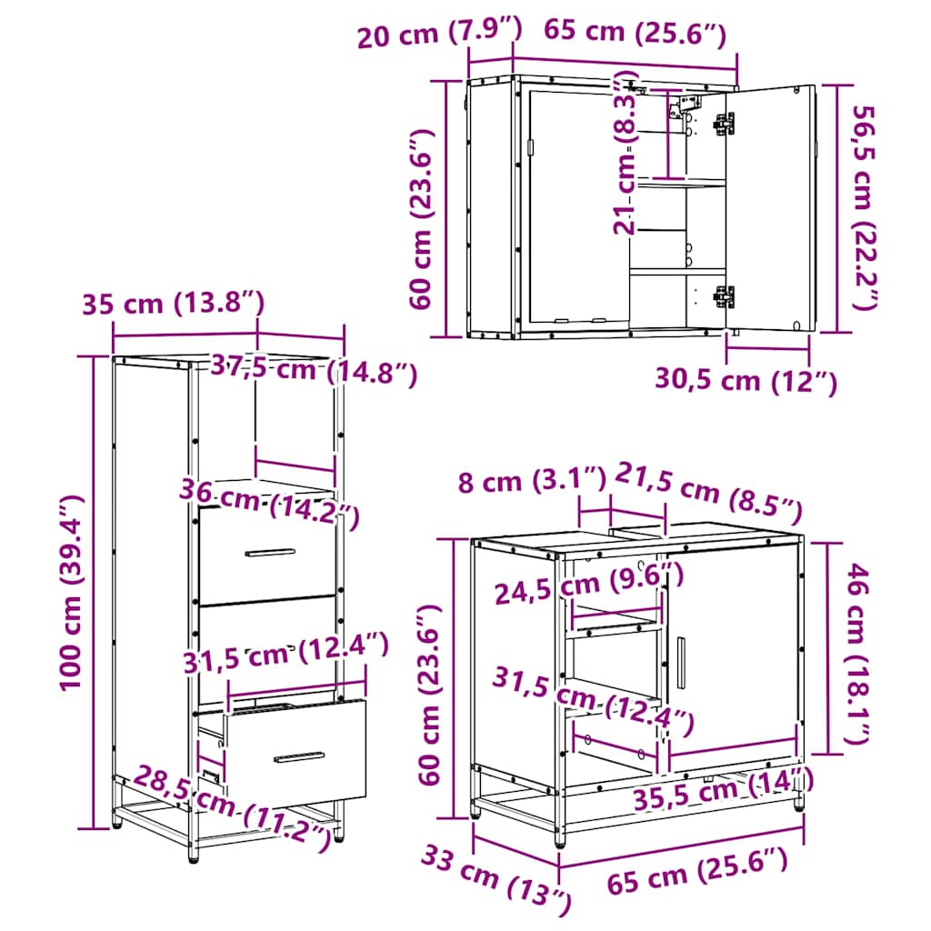 Badkamermeubelset 3 pcs artisanaal eikenkleurig 65 x 33 x 60 cm