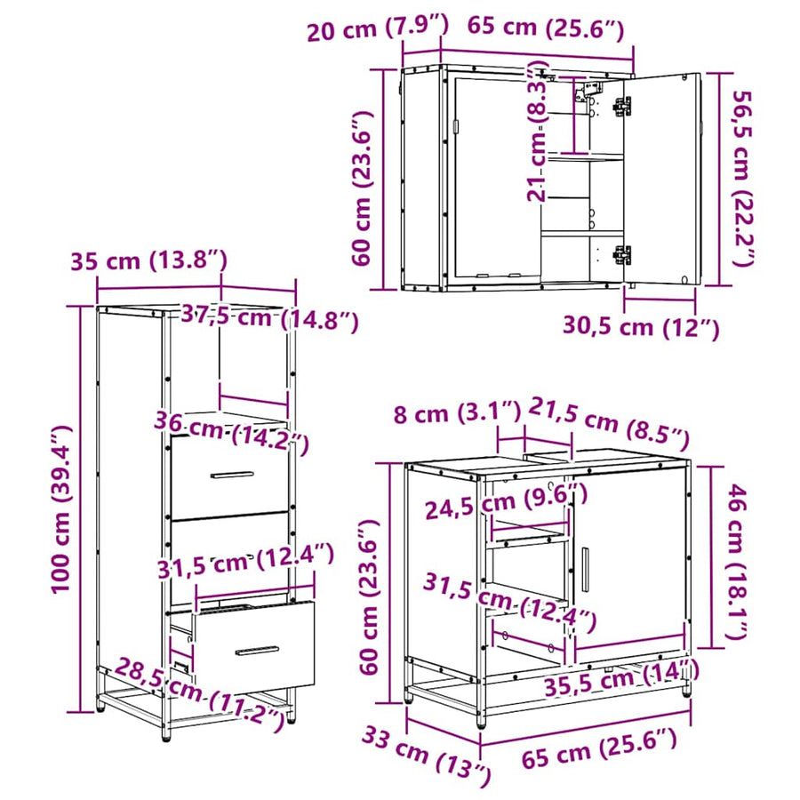 Badkamermeubelset 3 pcs artisanaal eikenkleurig 65 x 33 x 60 cm