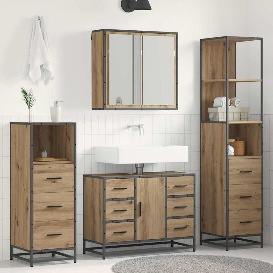 Badkamermeubelset 3 Pcs Artisanaal Eikenkleurig Bewerkt Hout