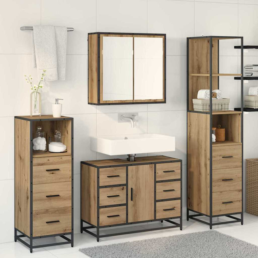 Badkamermeubelset 3 Pcs Artisanaal Eikenkleurig Bewerkt Hout