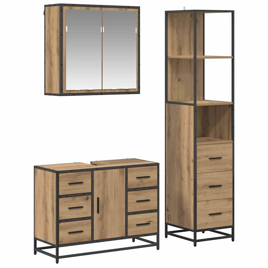 Badkamermeubelset 3 Pcs Artisanaal Eikenkleurig Bewerkt Hout