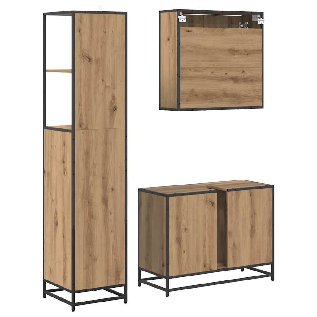 Badkamermeubelset 3 Pcs Artisanaal Eikenkleurig Bewerkt Hout
