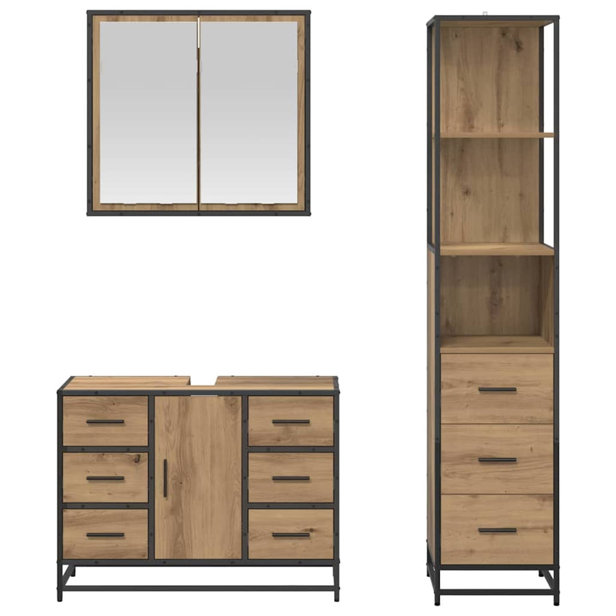 Badkamermeubelset 3 Pcs Artisanaal Eikenkleurig Bewerkt Hout