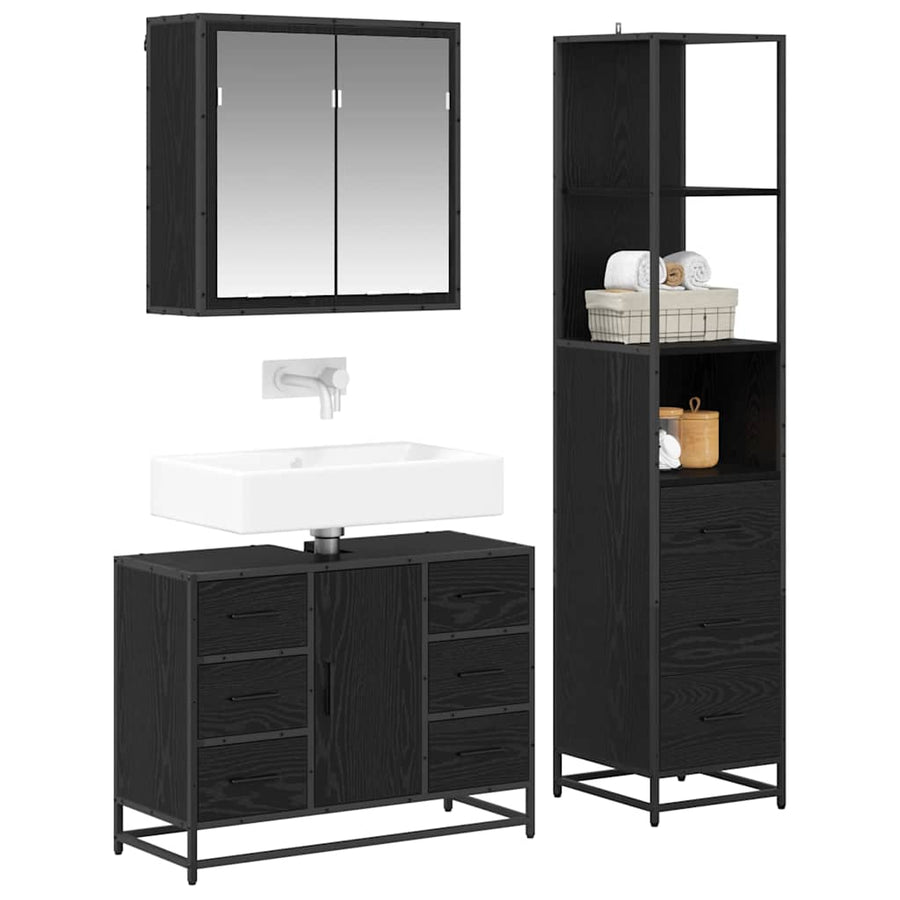 Badkamermeubelset met lade 3 pcs Zwart eiken 80 x 33 x 60 cm