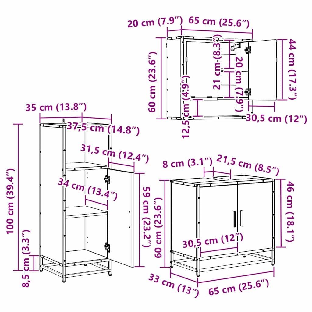 Badkamermeubelset met plank 3 pcs Zwart Eiken Bewerkt hout