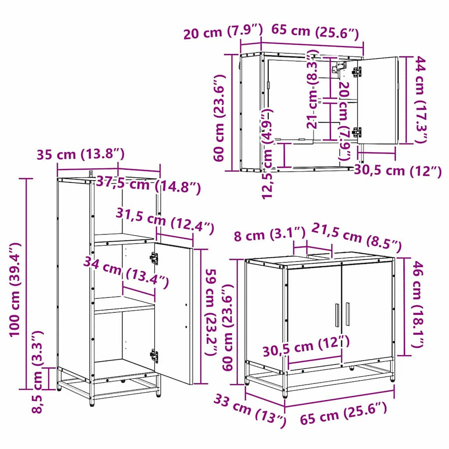 Badkamermeubelset met plank 3 pcs Zwart Eiken Bewerkt hout