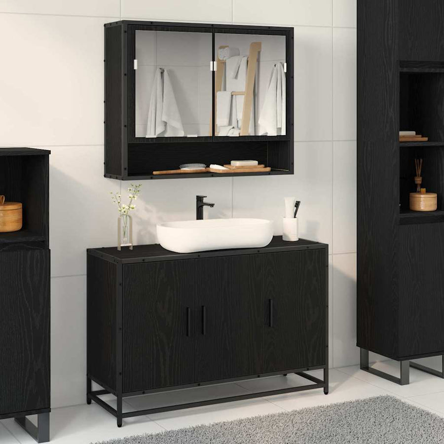 Badkamermeubelset met plank 2 pcs Zwart Eiken Bewerkt hout