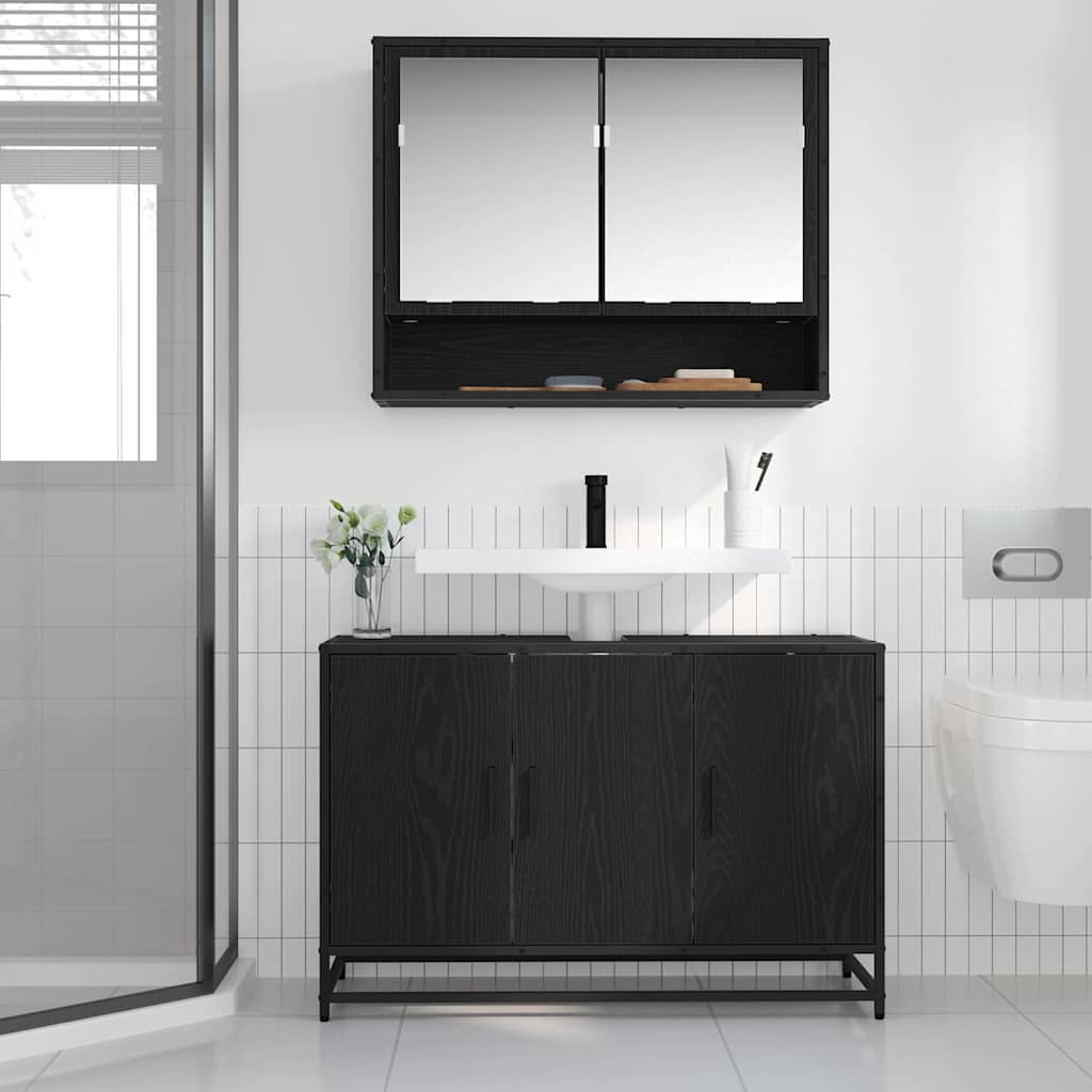Badkamermeubelset met plank 2 pcs Zwart Eiken Bewerkt hout