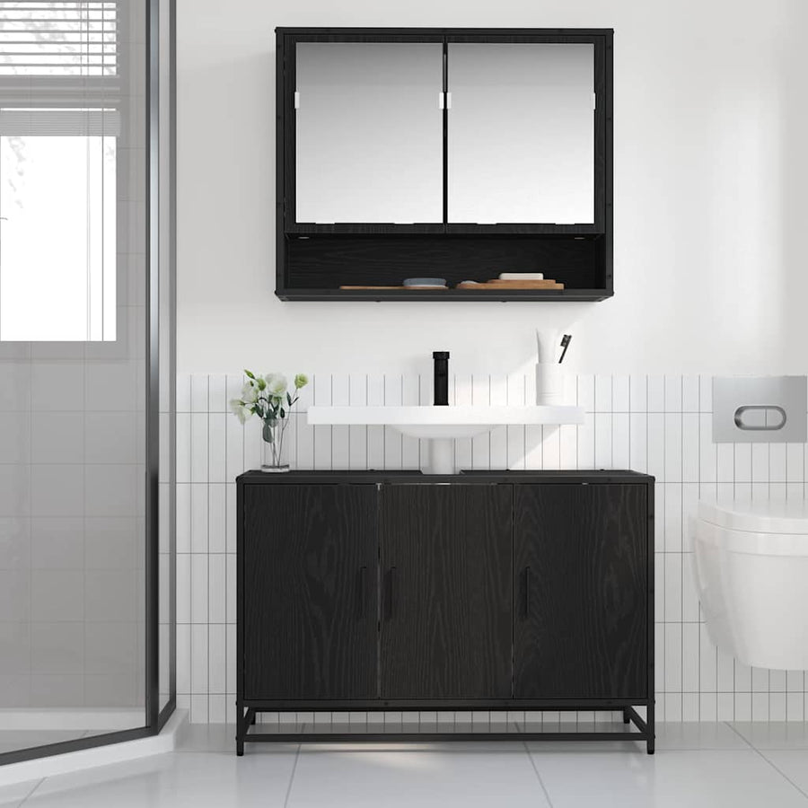 Badkamermeubelset met plank 2 pcs Zwart Eiken Bewerkt hout