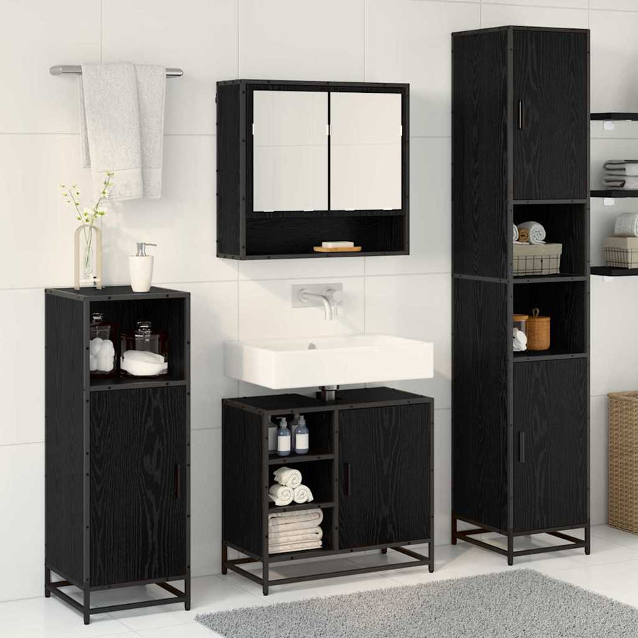 Badkamermeubelset met plank 4 pcs Zwart Eiken Bewerkt hout